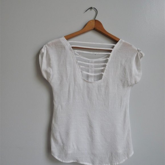 Short Sleeve Blouse Open Back, White - Picture 2 of 7